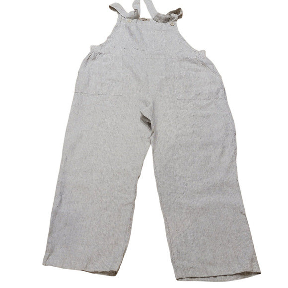 FLAX Linen Jumpsuit Wide Leg Sz L Lightweight Boho Comfort Gray White Stripes - Picture 1 of 11